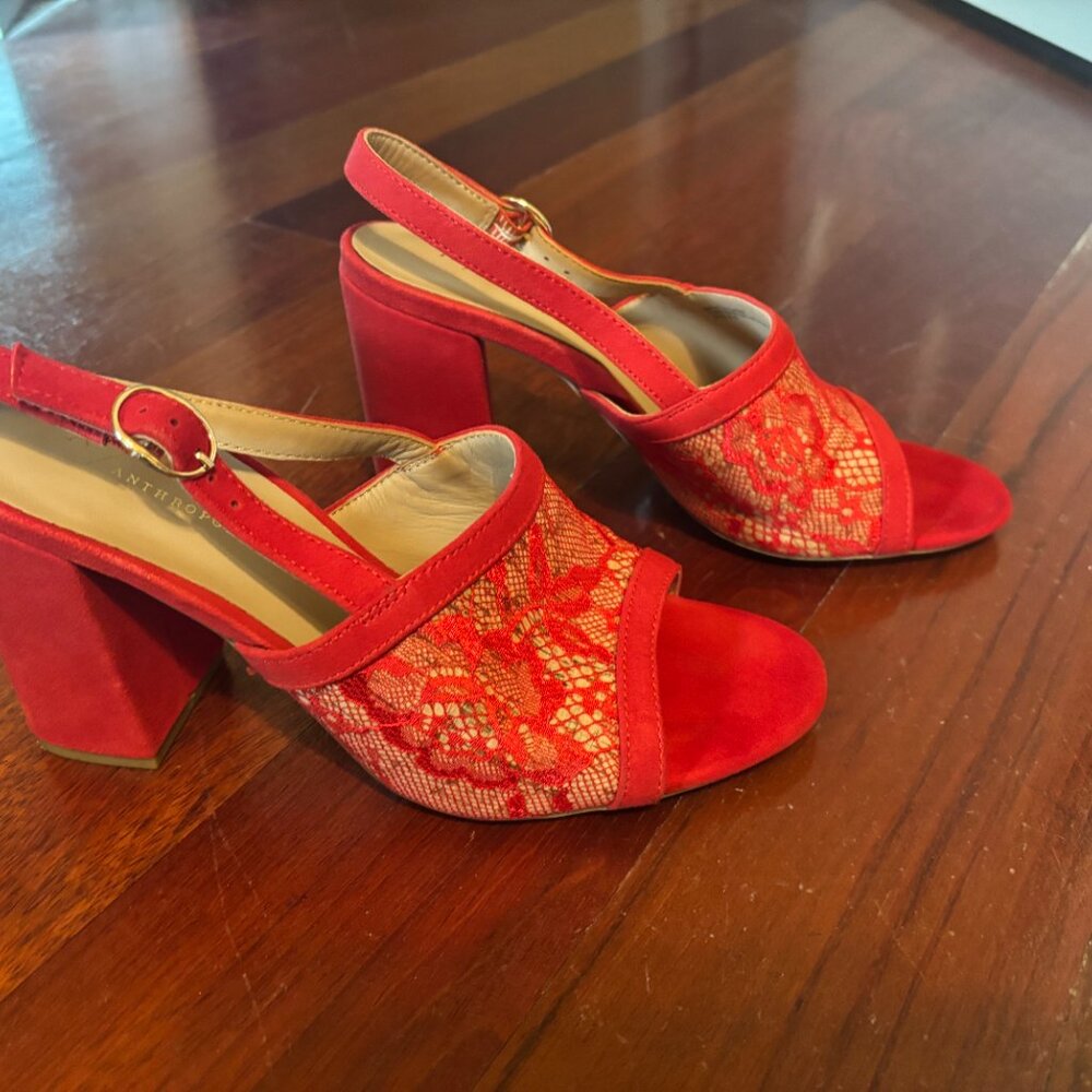 Anthropologie Red Lace and Suede Block Heel Sandals